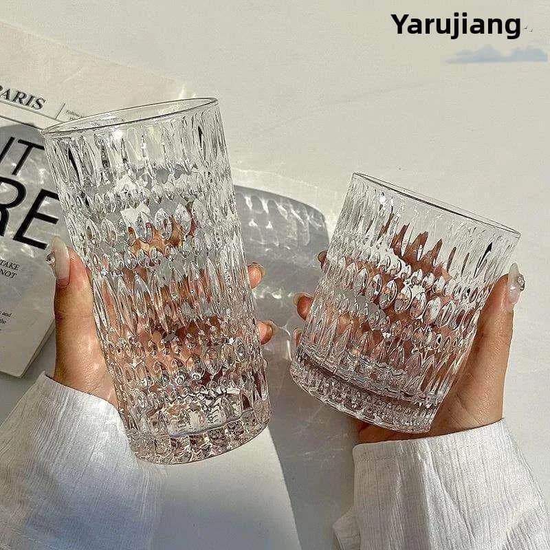 Nordic Style Embossed Glass Cup Luxury Retro Home Use Beer Glass Milk Beer Wine Cup with Cup Holder Small Style