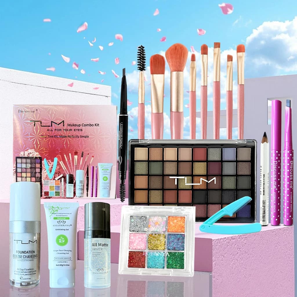 1 scatola TLM Set per trucco occhi per pratica per principianti Set completo per donna, set per trucco tutto in uno include fondotinta liquido ombretto per sopracciglia