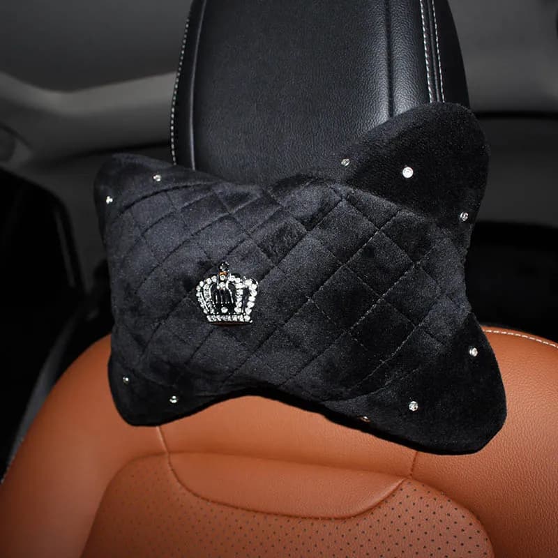 1PC Plush Car Neck Pillow with Rhinestones Crown Universal Bone-Shaped Vehicle Headrest Cushion for Auto Interior Accessories