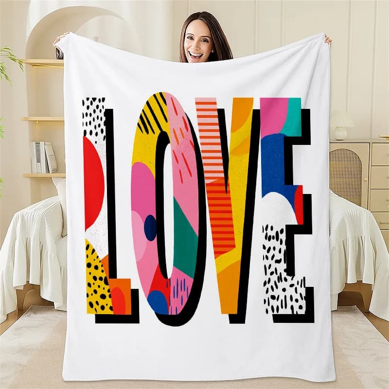 Colorful LOVE pattern Flannel printed blanket suitable for all seasons suitable for living room office sofa and travel 180x250CM