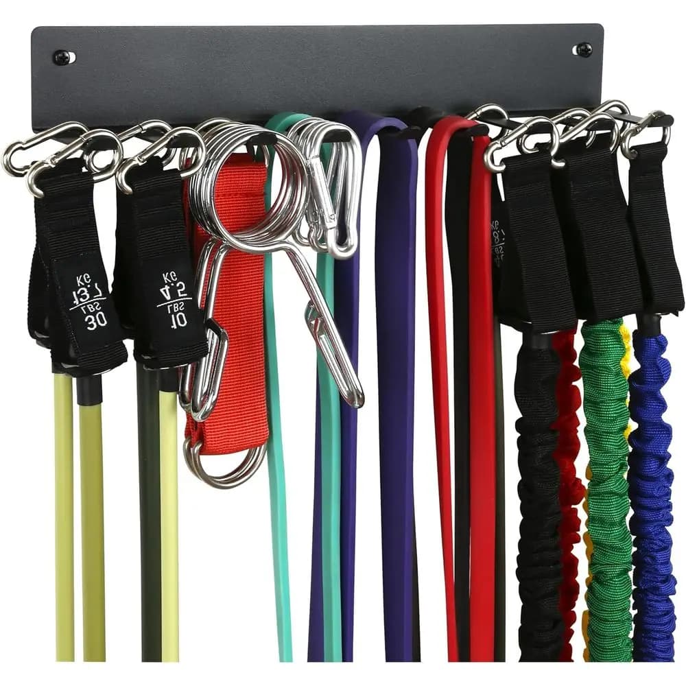 Multipurpose rack for fitness equipment with elastic bands, straps, jump ropes, foam rollers, chains, weight belts and heavy load accessories
