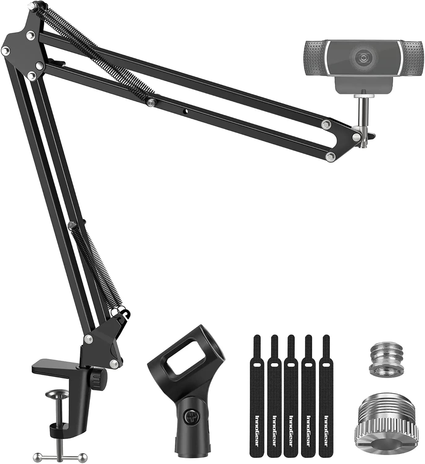 Webcam Stand, Boom Arm Mount for Webcam and Microphone, Adjustable Desk Mount with 1/4"-3/8" and 3/8"-5/8" Screws, Compatible with Most Webcams and Mics