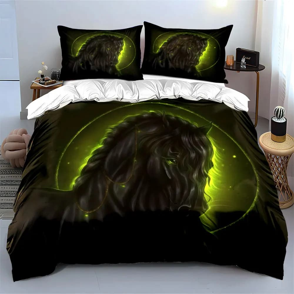 Set biancheria da letto con cavallo nero luminoso da 3 pezzi, copripiumino con stampa fantasy verde neon + 2 federe, decorazioni mistiche