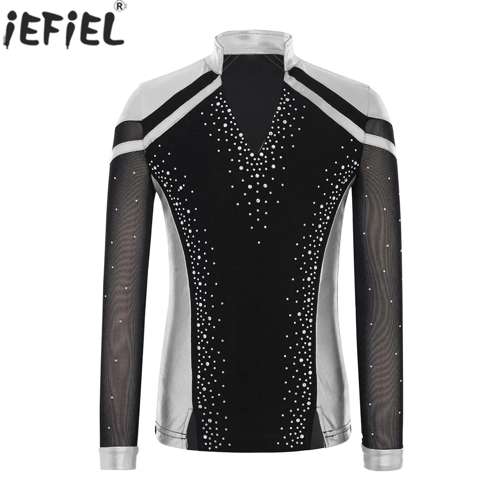 6-16Y Ragazzo Figura Pattinaggio su ghiaccio Allenamento Performance T-shirt Sheer Mesh Manica lunga Strass lucidi Metallic Dance Top Dancewear