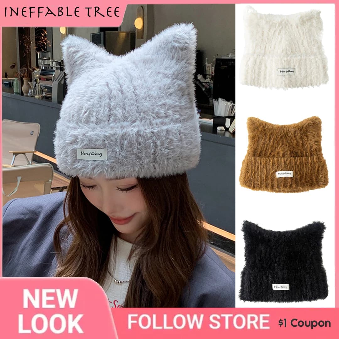 Winter sweet warm fuzzy cat ear beanie hats for women plush soft fur cap synthetic Korean style streetwear cute headdress