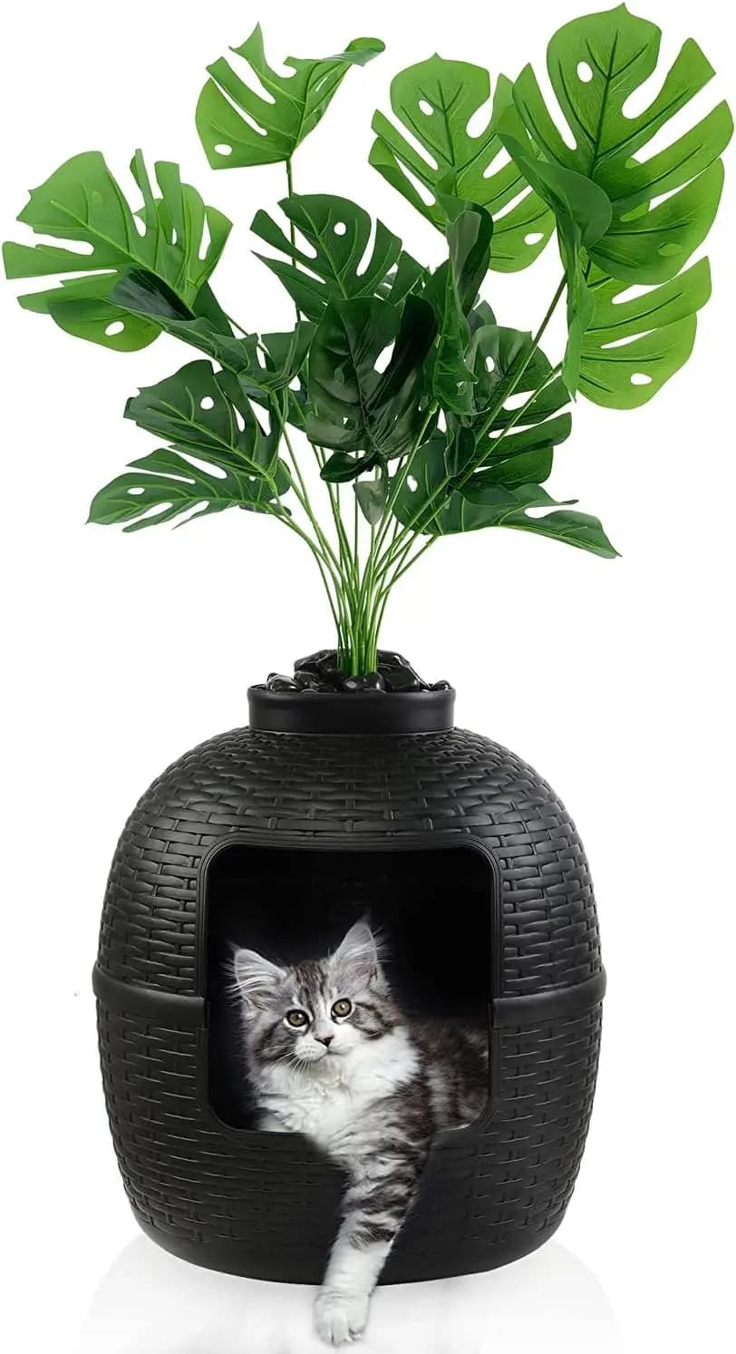 Lettiera per Gatti Nascosta con Pianta Finta, Mobile Lettiera con Motivo in Rattan per Gatti Grandi, Filtro al Carbone, Facile da Montare