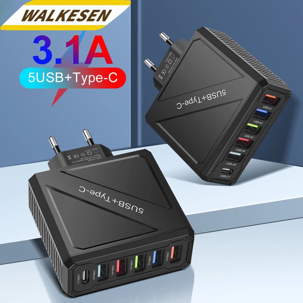 Caricatore USB Multiplo 3.1A con Ricarica Rapida Tipo C per iPhone 15 Pro Max, Samsung, Xiaomi 15, Huawei, Adattatore da Muro