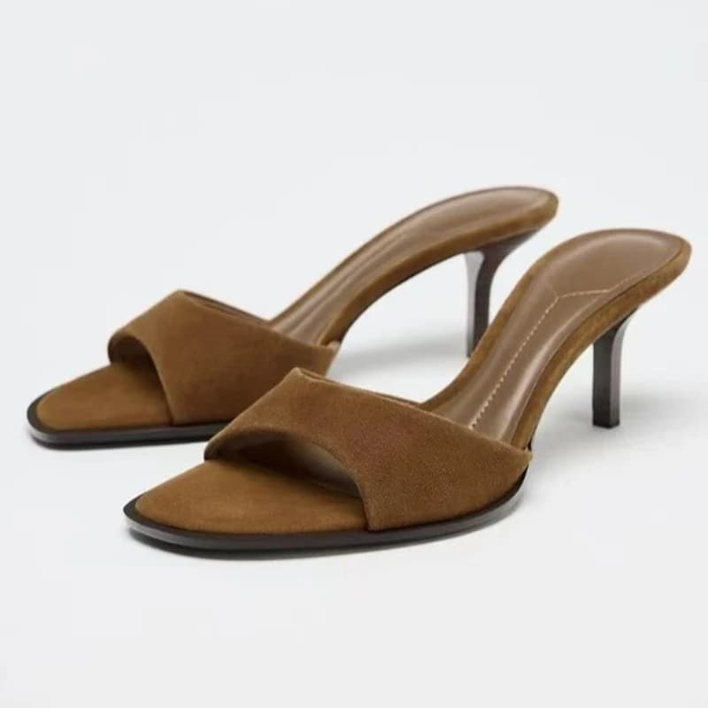 High Quality Brown Satin Slippers Women's Fashion Sandals with Thin Heel and Pointe Comfort Shoes Signed Zapatos Mujer