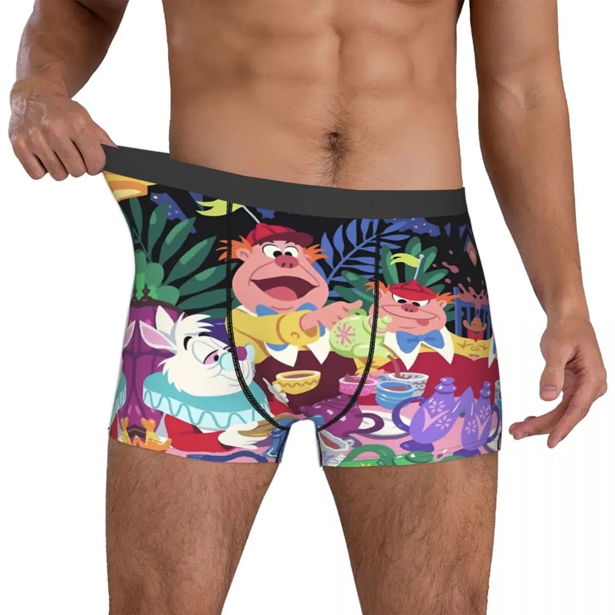 Boxer da uomo personalizzati Alice nel Paese delle Meraviglie, stampati con il Coniglio Bianco e i Gemelli, slip e mutande
