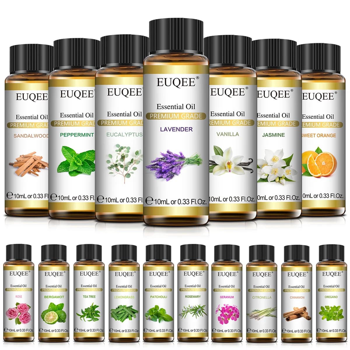 EUQEE 10ml Olio Essenziale Naturale Puro Lavanda Gelsomino Eucalipto Vaniglia Legno di Sandalo Arancia Dolce Limone Oregano Neroli Fragranza