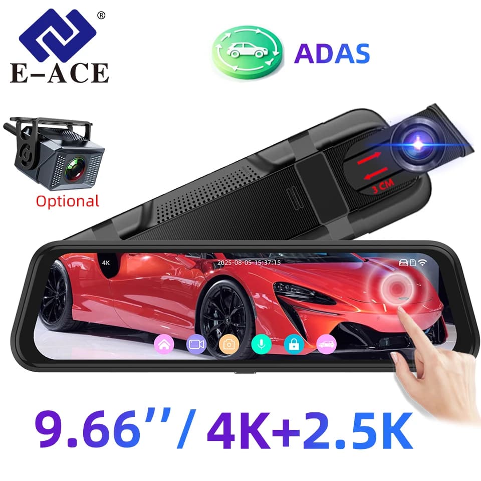 E-ACE 4K ADAS 9.66 '' Telecamera per auto Visione notturna Wi-Fi Opzionale 2.5K RearCam GPS 24H Supporto per monitor di parcheggio Doppia fotocamera Scatola nera