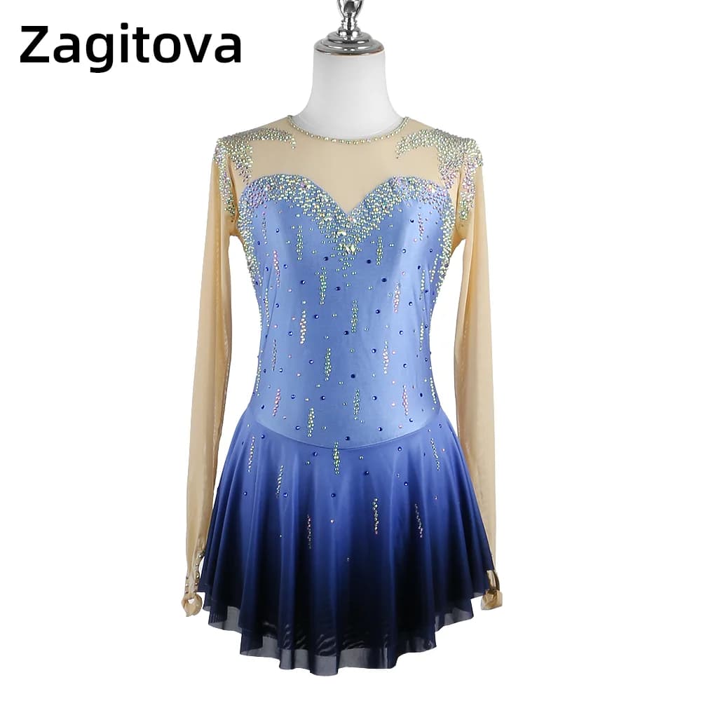 ZAGITOVA Abito da pattinaggio di figura Donna Ragazza Gonna da pattinaggio su ghiaccio Gonna a rete Costume Nero Blu sfumato