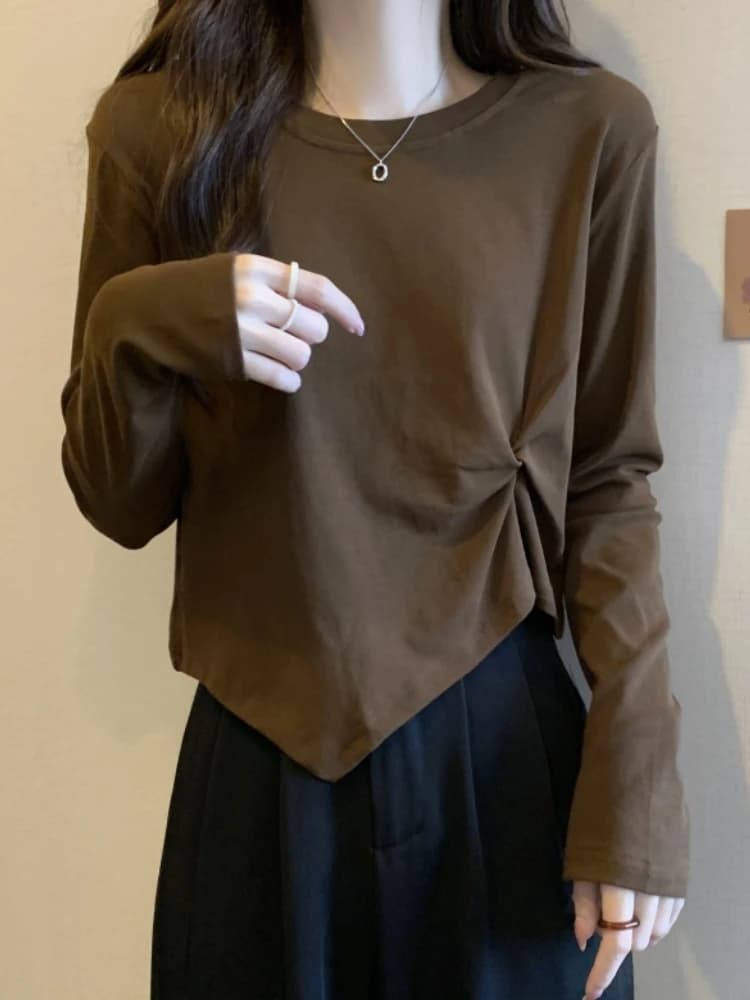 Slimming Short Sleeve Long T-Shirt Women's Base Layer Shirt Cover Stomach European Goods Cotton Blend Comfortable Autumn Top