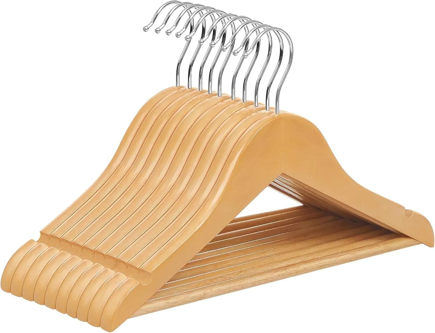 Appendiabiti in Legno Massello per Bambini, Confezione da 10 con Barra Portapantaloni per Vestiti di Neonati e Bambini, 12.6x7.5 Pollici, Naturale
