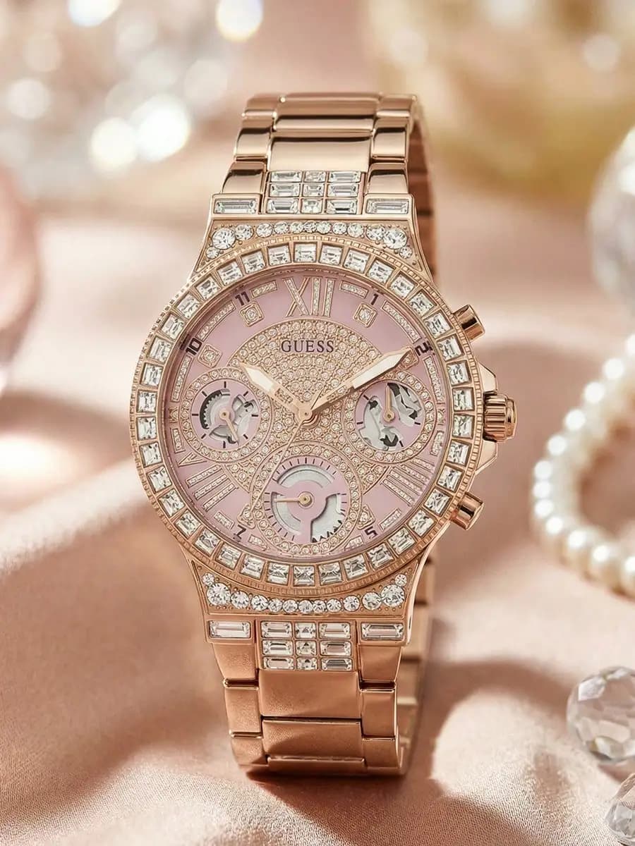 Orologio da Donna GUESS di Lusso in Oro Rosa con Cristalli e Strass, Orologio da Polso Elegante in Acciaio Inossidabile Impermeabile per Uso Quotidiano e Feste