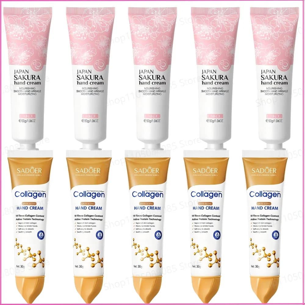 5 pezzi di crema per le mani Sakura/collagene, idratante, con olio essenziale di fiori di ciliegio, riparazione profonda, crema levigante per la cura delle mani