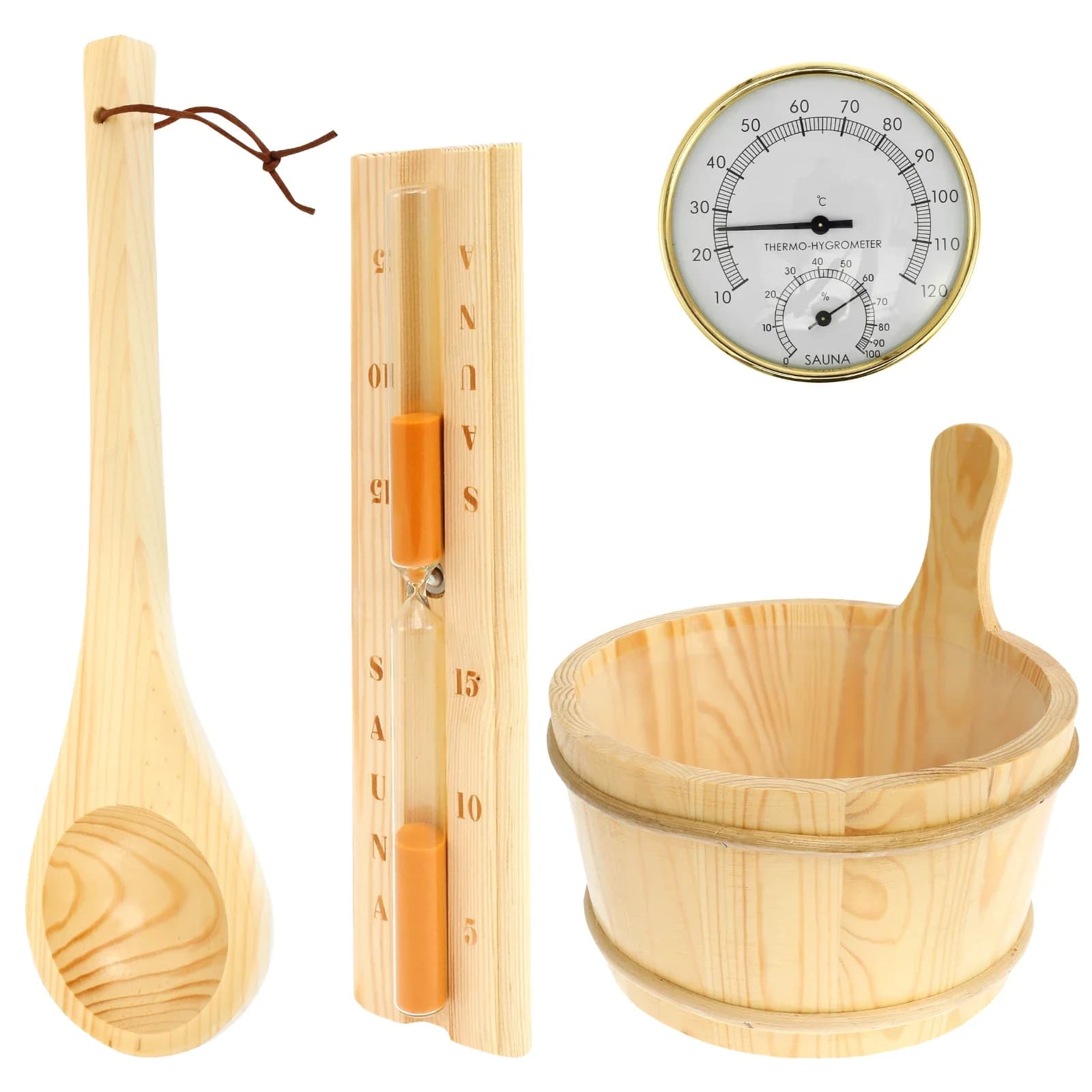 Set da 4 pezzi Accessori per sauna Secchio per sauna in legno Cucchiaio per sauna con design a manico Termometro e igrometro per sauna 2 in 1 Temporizzatore a clessidra