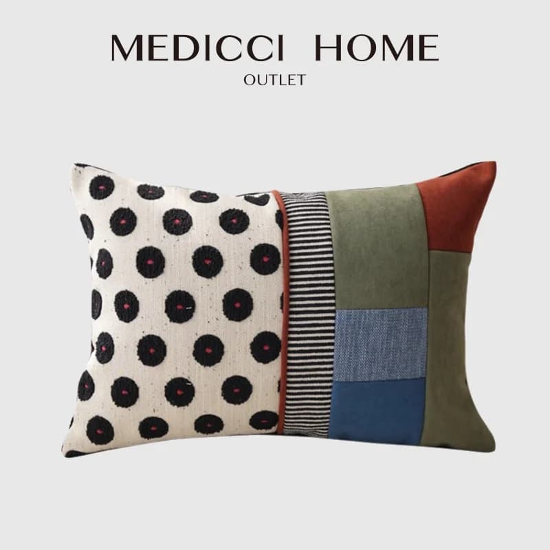 Medicci Home Fodera per cuscino Boho fatta a mano di lusso Modello vecchio stile Pois e blocchi Federa per cuscino lombare patchwork 35x50 cm