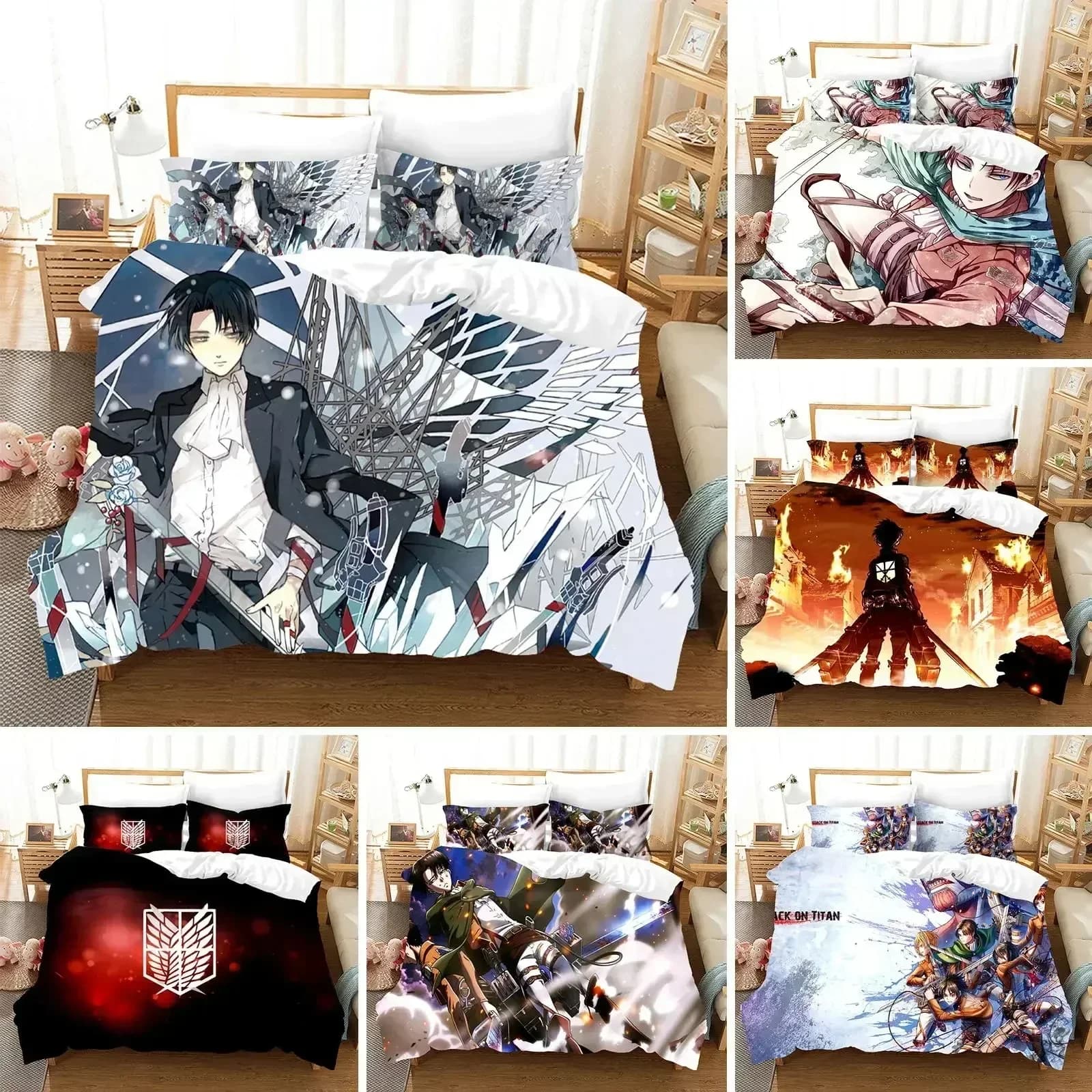 Set di biancheria da letto Attack On Titan AOT stampato in 3D, copripiumino Anime Levi, copripiumino matrimoniale, singolo, completo, queen, king, per adulti e bambini