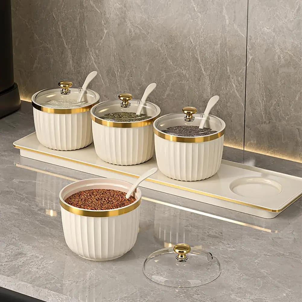 Set di barattoli per spezie con cucchiai e vassoio, contenitori trasparenti in acrilico per condimenti, senza BPA, in plastica, per la cucina