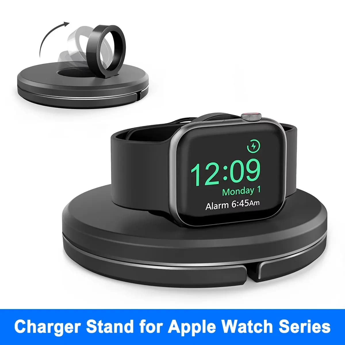 Supporto di ricarica per Apple Watch 9 8 7 6 5 4 3 2 1 Ultra 2nd SE 3rd, base di ricarica con gestione cavi integrata, antiscivolo, nero