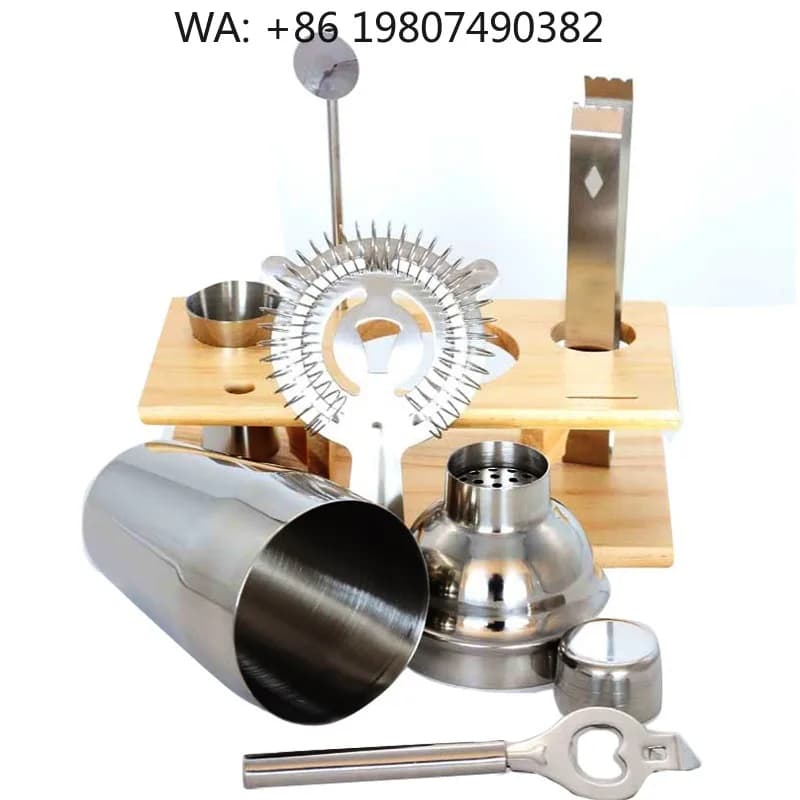 Eco-Friendly Compact Bar Set, 7Pcs 550ml Stainless Steel Cocktail Shaker Wooden Stand Portable DIY Mixology Tools