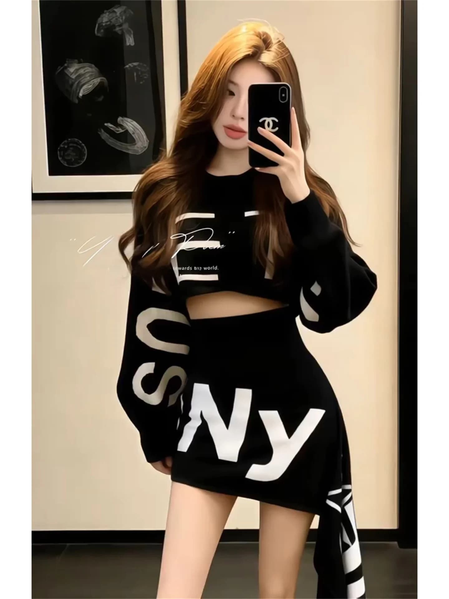 Comfortable Spicy Girl Loose Women's Black Top And Skirt Set Spring New Style Elegant High Waist Skirt Fashionable Outfit