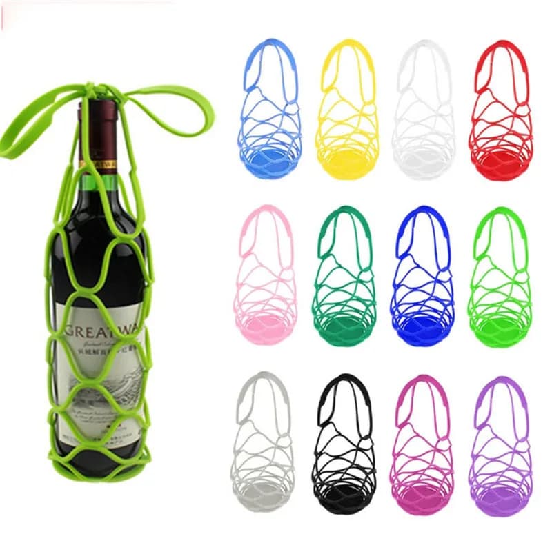 Borsa portaoggetti per bottiglia di vino in silicone lavabile Borse riutilizzabili per bottiglia d'acqua Borse per tazza Tappetino per bottiglia di vino Cestino a rete per organizzatore da picnic