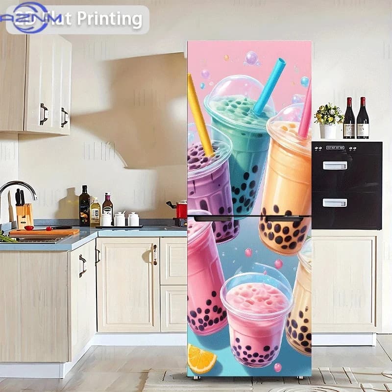 2D Flat Printing 1pc Refrigerator Sticker 60x180cm Colorful Bubble Tea Feast Themed Scene Wall Decal Self-Adhesive Wallpaper S