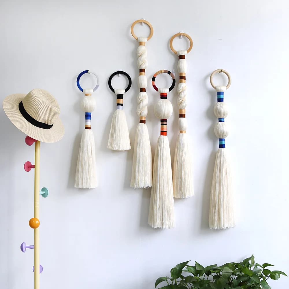 Nordic Long Tassel Wall Hanging Handmade Woven Tapestry Pom Pom Fringe Door Handle Decor for Living Room Bedroom