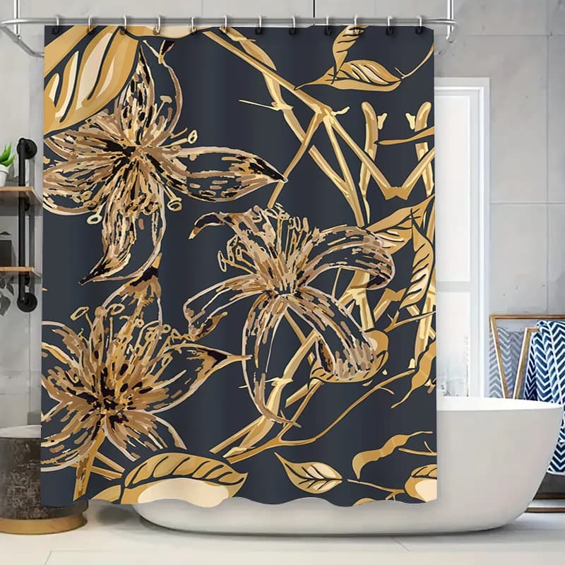 Tenda da doccia floreale dorata di lusso Blu scuro Decorazione moderna impermeabile per il bagno Decorazione per la casa Extra lunga 72 x 84 pollici con plastica