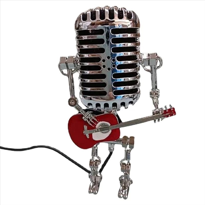 ABSE-Microphone Lamp - Lamp Head Vintage Metal Microphone Robot Desk Lamp Retro Style Household Ornaments Durable Red & Silver
