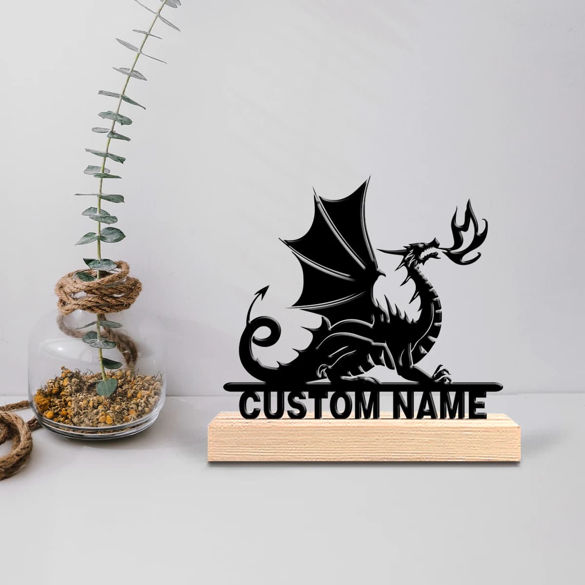 Custom table decoration with wooden base and wrought iron, representing an abstract pterosaur, ideal for bar and kitchen.