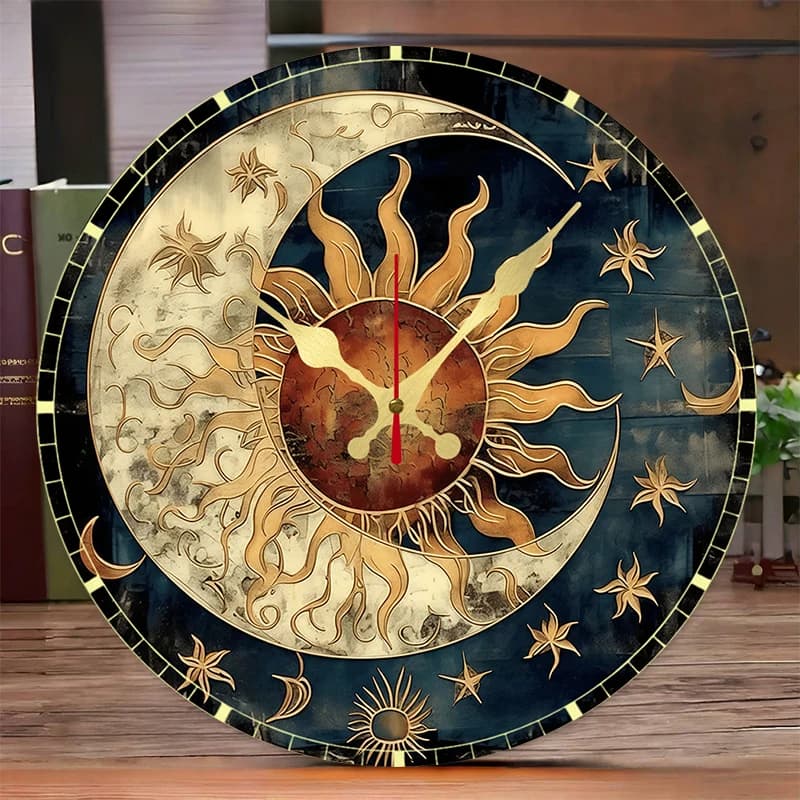Orologio da parete sospeso silenzioso rotondo in legno celeste Sun & Moon, adatto per soggiorno, ufficio, sala studio, camera da letto, decorazione domestica.