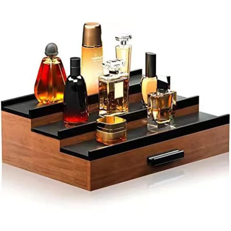 Tiered Makeup Organizer Solid Wood Desktop Storage Box with Drawers, Perfume Display and Cosmetic Storage, Jewelry Organizer