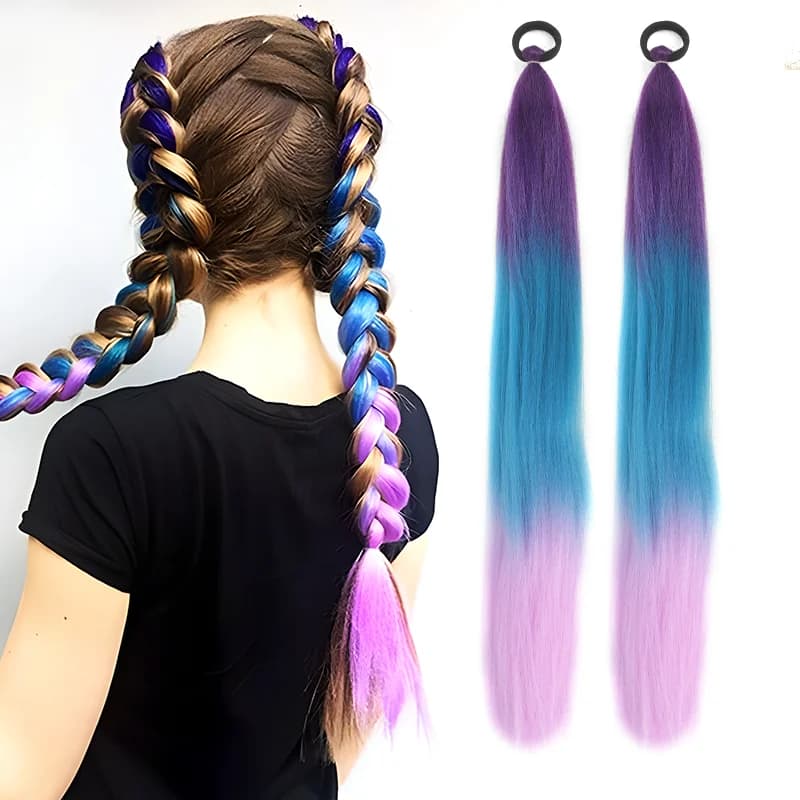 LUPU Extended synthetic horse tail with elastic band for hair 26" Coda braided long straight colored Ombre Pink Purple Blue