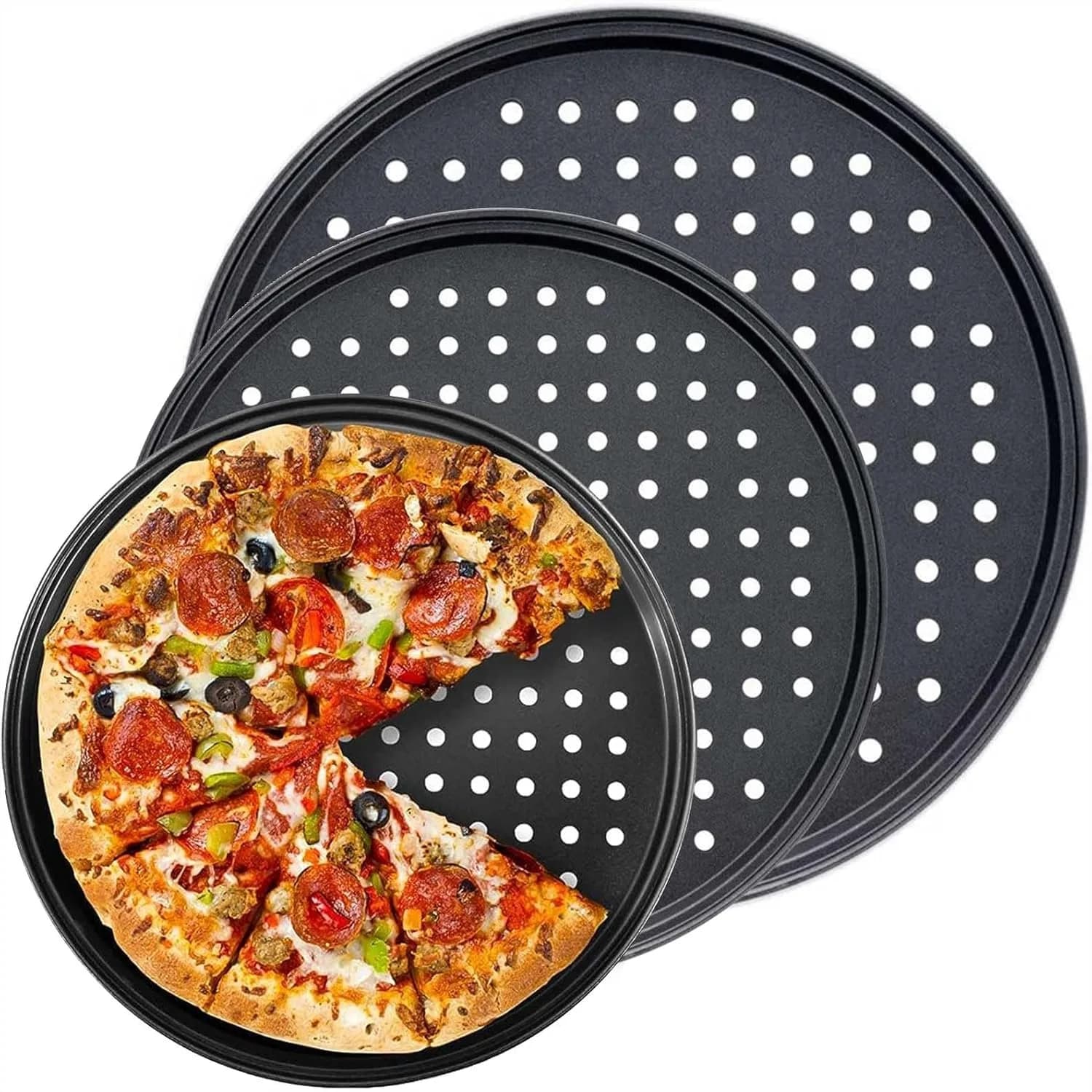 Set di Teglie per Pizza con Fori, Vassoio da Forno Antiaderente in Acciaio al Carbonio, 9 10 12 Pollici