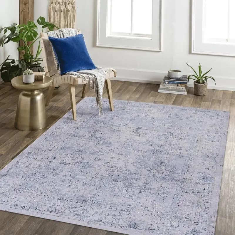 Tappeto blu lavabile 5x8 piedi (blu e crema) – Tappeto morbido e resistente per arredamento soggiorno, camera da letto o ufficio