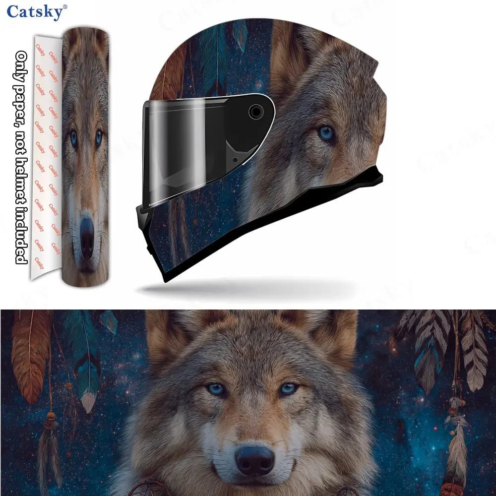 Dreamcatcher Wolf Cosmic Spiritual Helmet Vinyl Wraps, Waterproof Scratch-Resistant Full Face Helmet Decals, Durable PVC Decorat