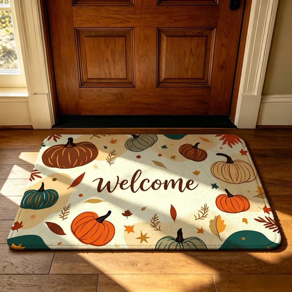 1pc Harvest Festival Pumpkin Printed Door Mat, Flannel Silicone Anti Slip Plush, Fashionable Floor Mat, Home Decoration