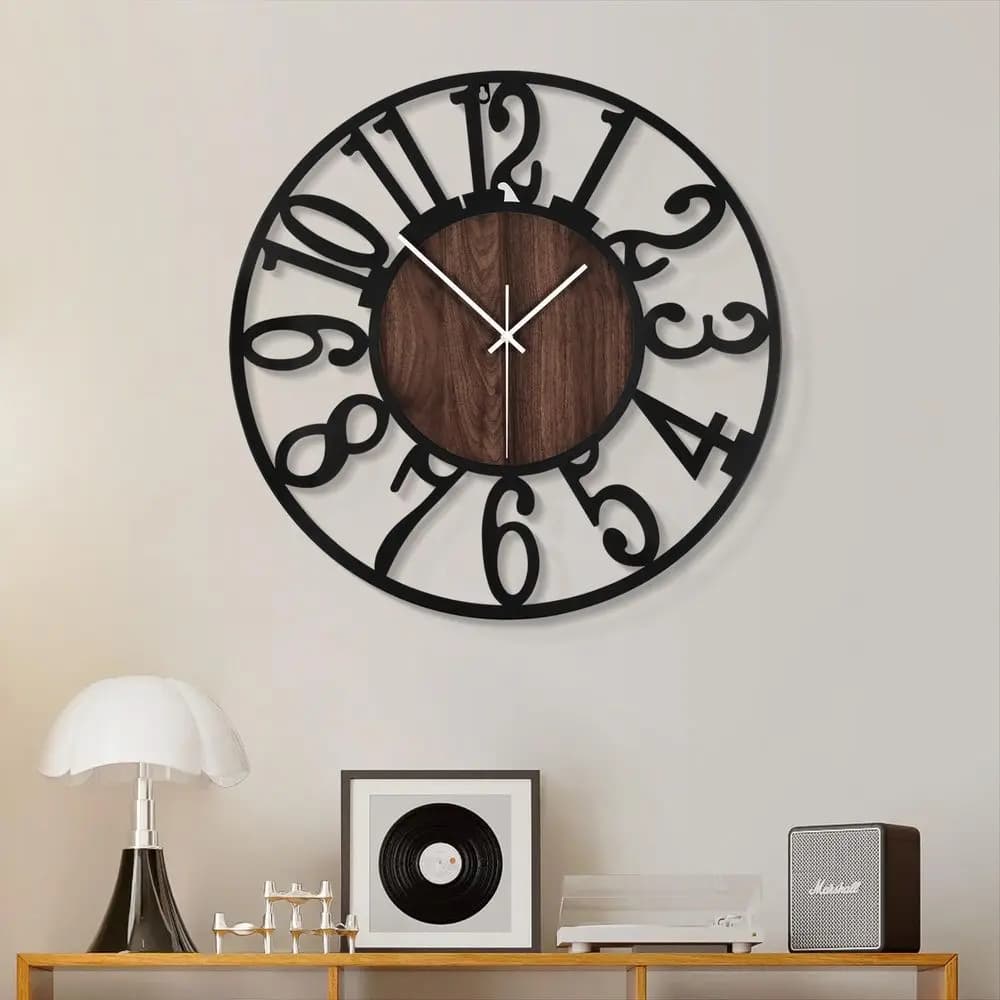 Orologio da Parete per Soggiorno 16 Pollici Silenzioso Senza Ticchettio, a Batteria, in Metallo Nero, Orologi in Legno Antico per Casa di Campagna, Sala da Pranzo, Camera da Letto