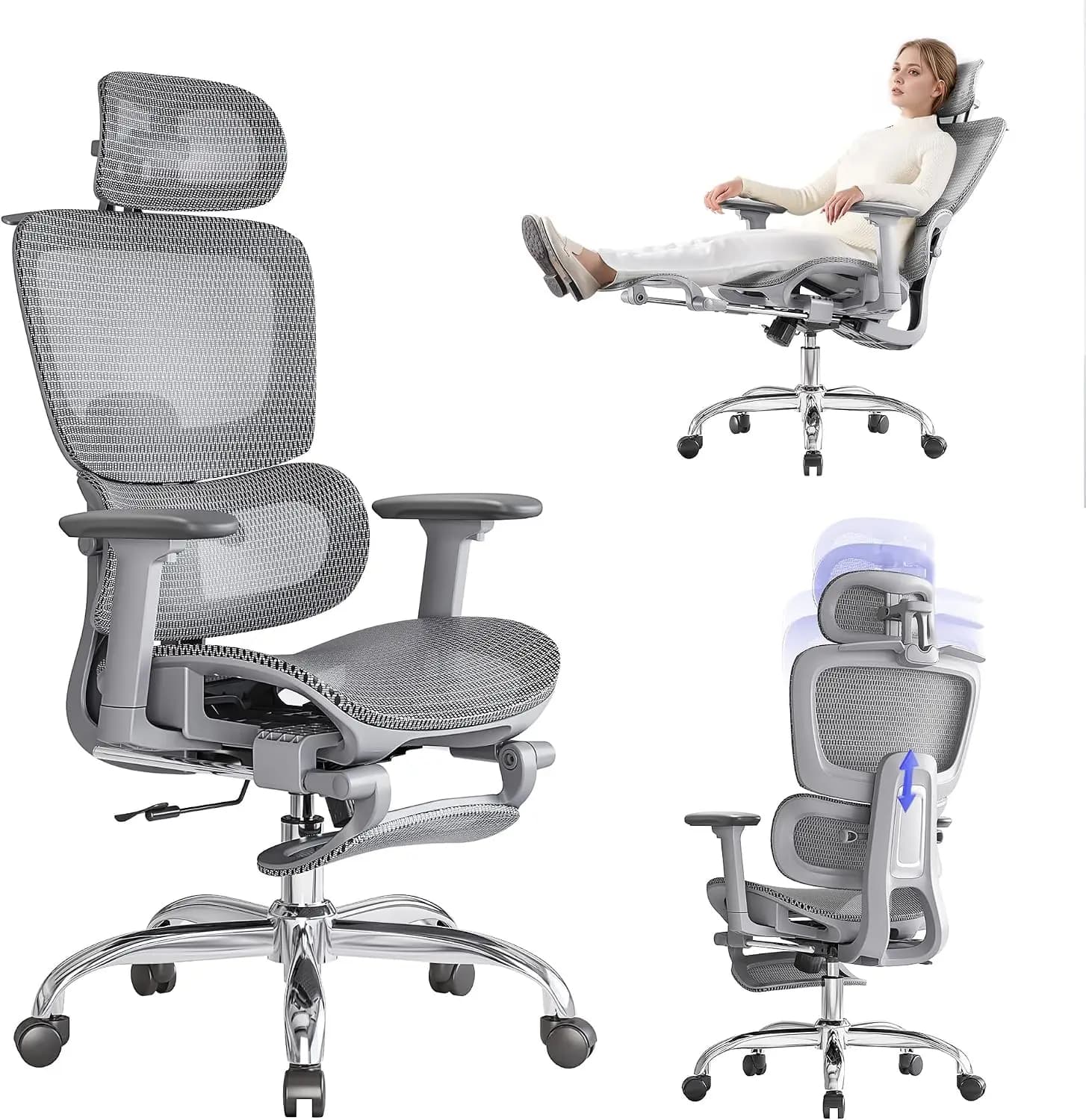 Ergonomic Office Chair with Footrest, 3D Headrest, Adjustable Backrest & Armrests, Mesh Back, Lumbar Support, Grey