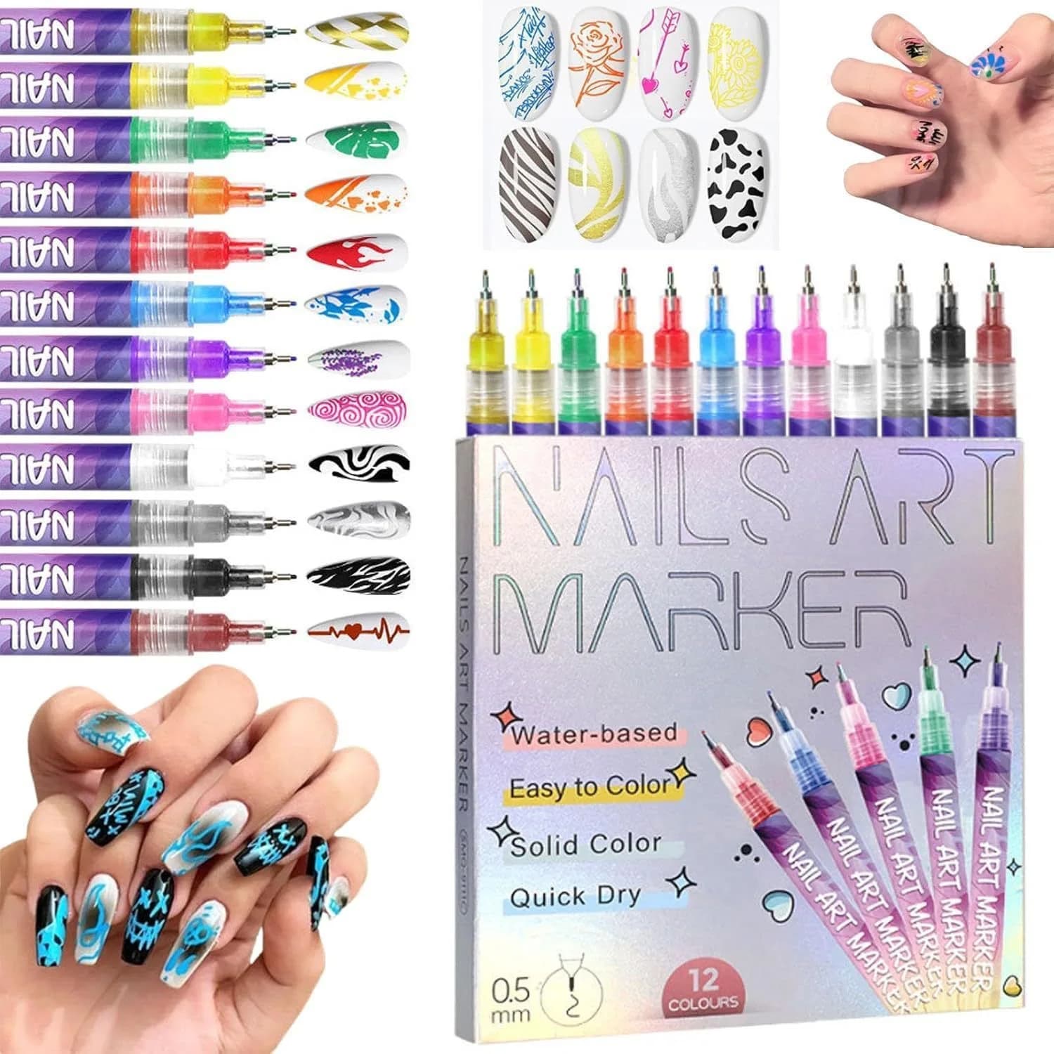 12 Color Nail Art Pens,0.5MM Nail Polish Pens Drawing Painting Point Liner Acrylic Painted Pen Kit, Waterproof Markers Set