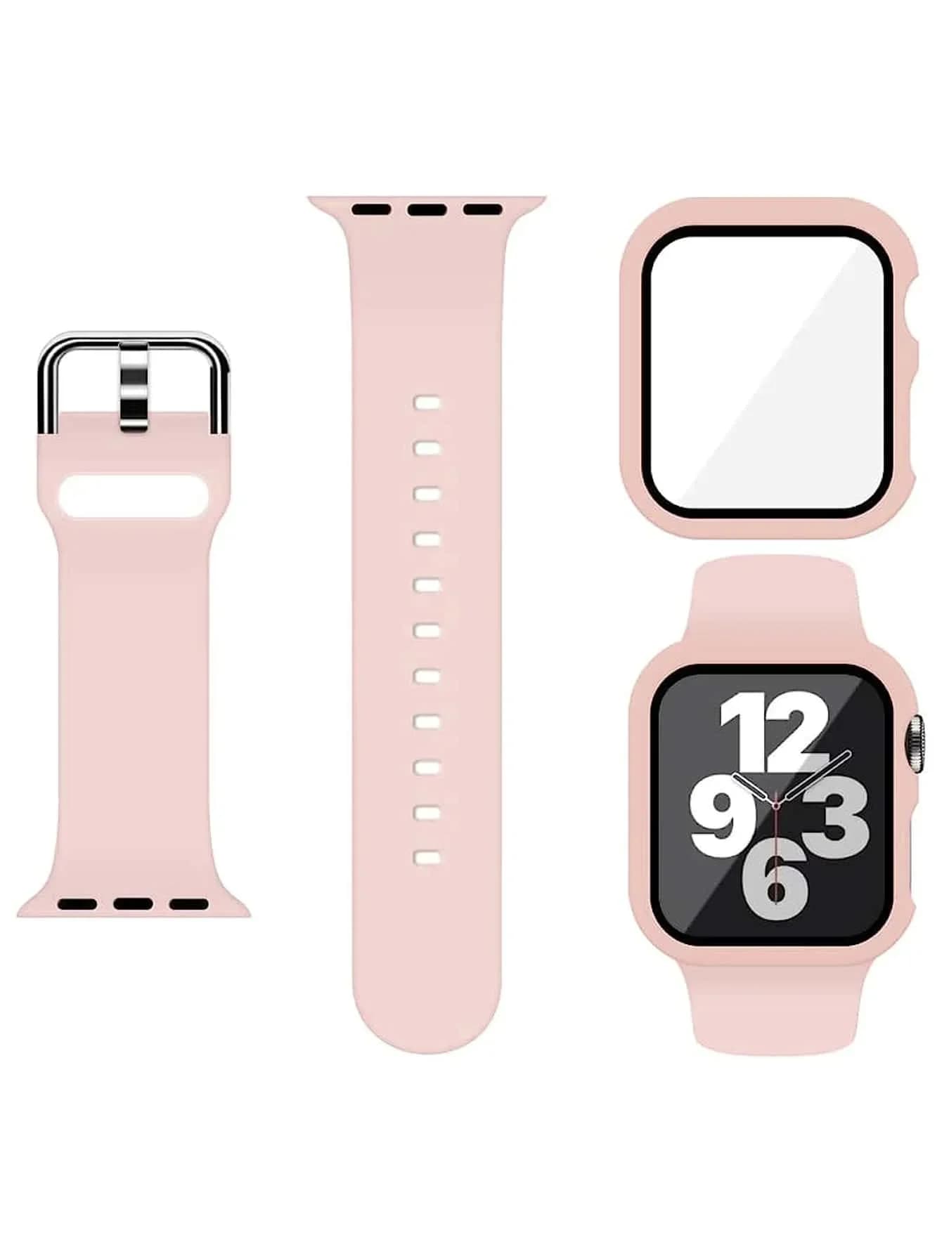2pcs/Set Blue Men Women Cute Soft Silicone Sport Watch Strap & 2 In 1 Screen Protector Ultra-Thin Tempered Film Watch Cover, For Apple Watch Band 38/40/41/42/44/45/46/49mm, Series Ultra/SE/11/10/9/8/7/6/5/4/3/2/1, Intelligent Watch Case Accessories