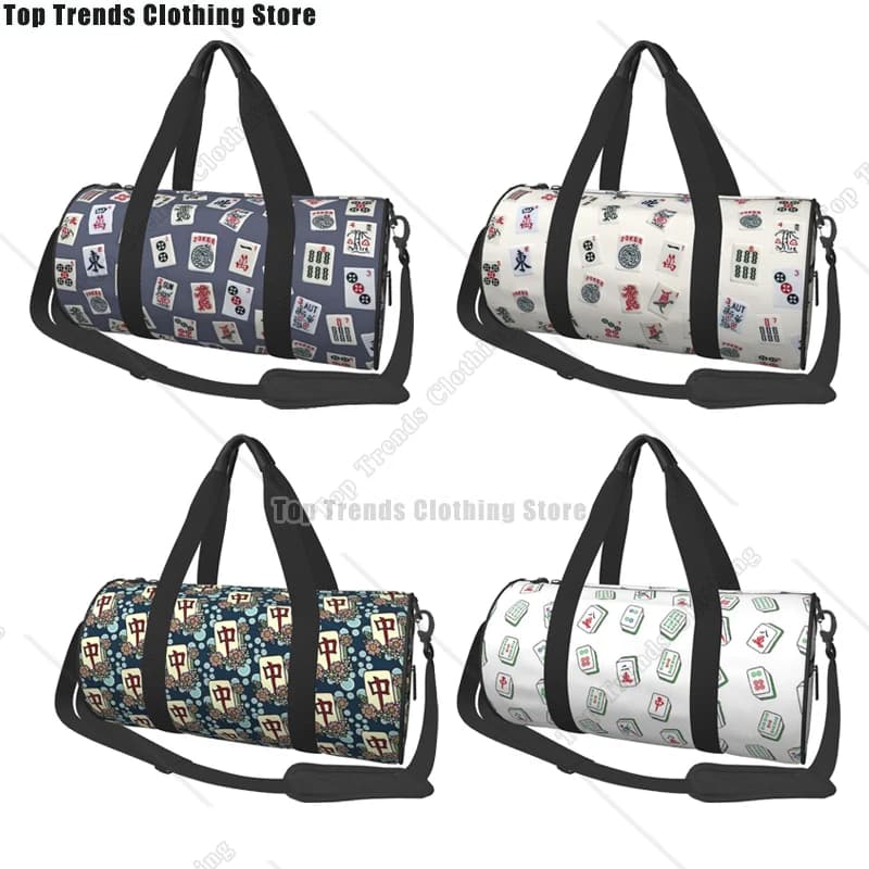 Mahjong Game Tiles Design Borse da viaggio Borsa da fitness da uomo Borsa a tracolla cilindrica Borsa da viaggio grande da donna Borsa da palestra