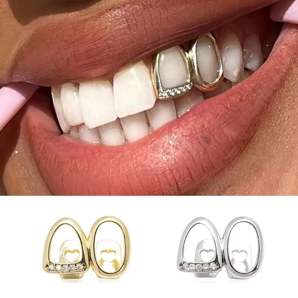 Grillz Iced Out con Zirconi a Doppia Cavità, Coperture Dentali Hip Hop con Pietre CZ per Donna e Uomo, Gioielli, Regalo per Cosplay