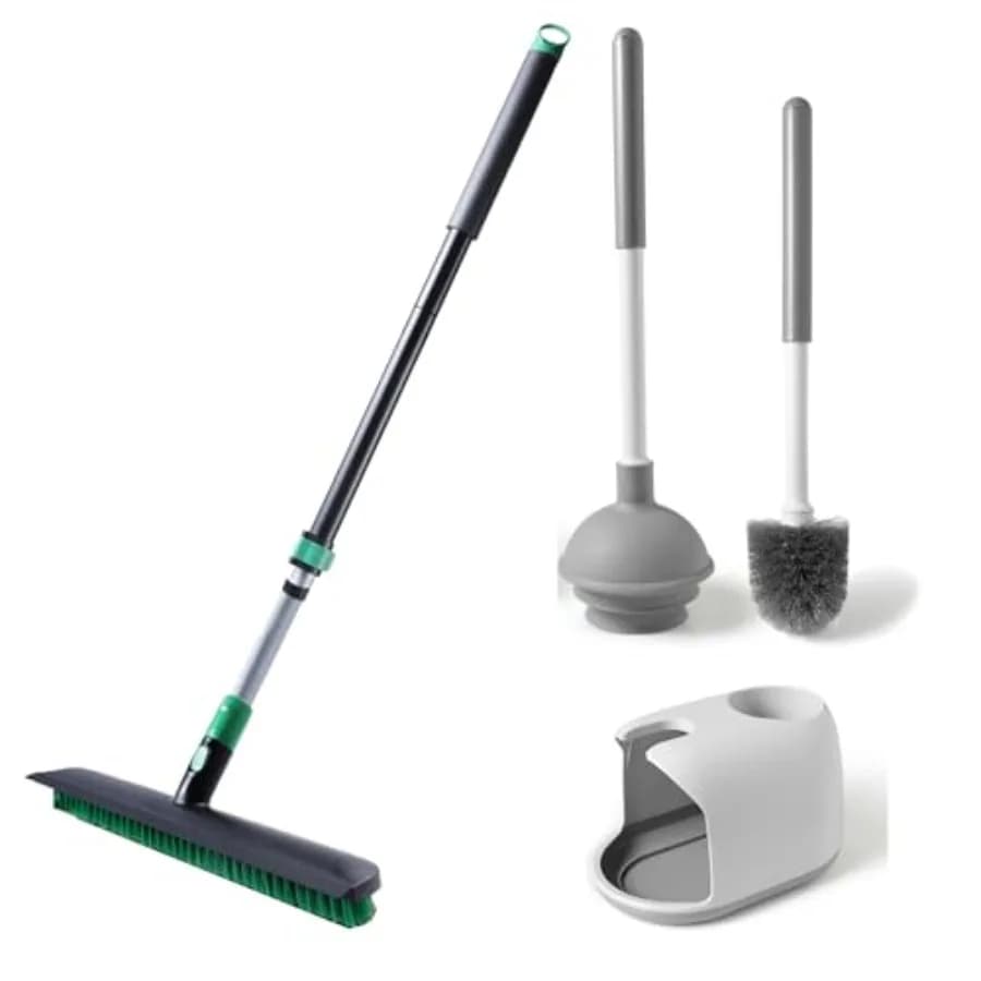 Set di sturalavandini e spazzola per WC, spazzola 2 in 1 per pavimenti, kit di strumenti per la pulizia del bagno