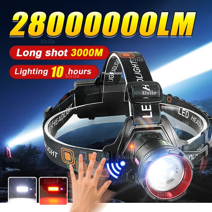 NUOVO Lampada frontale a LED ad alta potenza 28000000LM Sensore LED super luminoso Faro ricaricabile Torcia frontale Pesca Caccia Torcia frontale