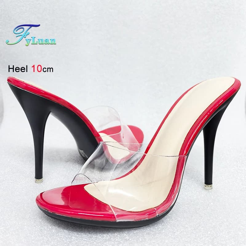 Sandali di Lusso da Donna con Tacco Alto 10CM in PVC, Eleganti Mules Trasparenti con Punta Aperta, Colore Nero e Rosso Abbinato, Modello 2025