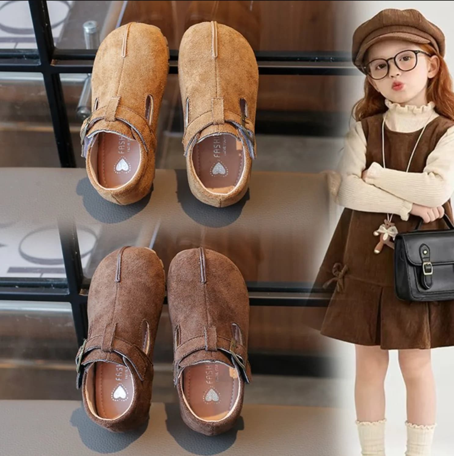 Scarpe per Bambine Primaverili, Scarpe Basse per Bambina, Design alla Moda, Scarpe in Pelle Scamosciata per Bambini, Mocassini con Cinturino a T per Ragazzi